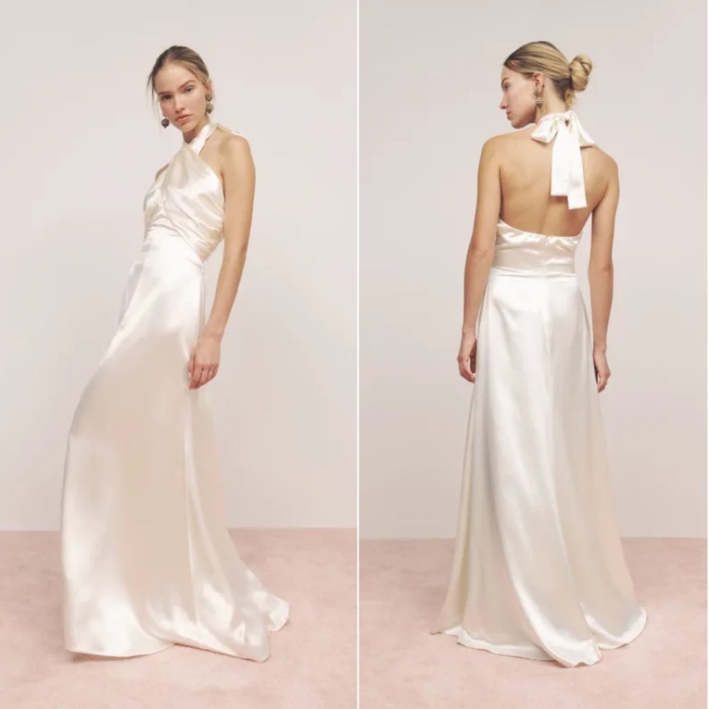 Reformation Veria Silk Maxi Dress Size 4 Ivory Wrap Halter Neckline Open Back